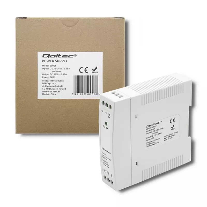 DIN bėgio maitinimo šaltinis 10W, 12V, 0,83A, plonas