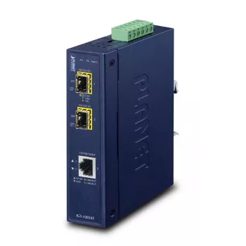 Tinklo medijos keitiklis PLANET IGT-1205AT — Gigabit SFP 2 skaidulų, 1x RJ-45, 10/100/1000 Mbps, 12–48 V, DIN bėgelis, IP30