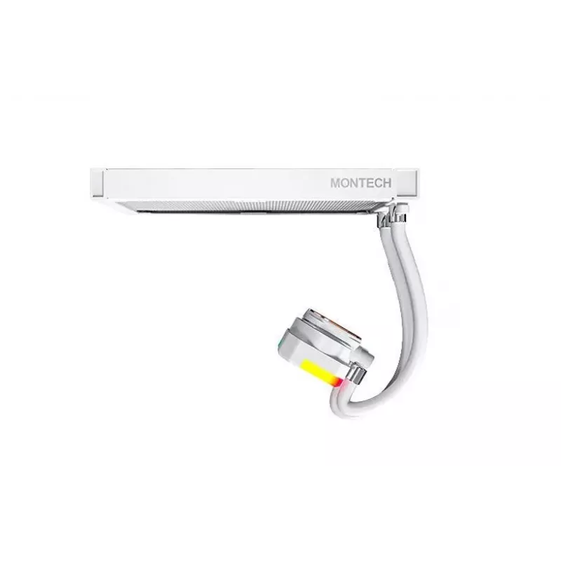 AIO vandens aušintuvas “Montech Hyper Flow ARGB 240 mm” baltas — 240 mm radiatorius, ARGB apšvietimas, balta apdaila