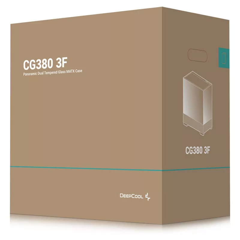 PC Midi Tower DeepCool CG380 3F — juoda, 235×437×451 mm, palaiko 2×120 mm šoninius + 1×120 mm galinį ventiliatorius, apatinis maitinimo blokas, 2,5 colio/3,5 colio HDD