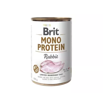 Šlapias šunų maistas Brit Mono Protein Rabbit 400 g — konservuota visavertė dieta, vienas gyvūninės kilmės baltymas, suaugę šunys
