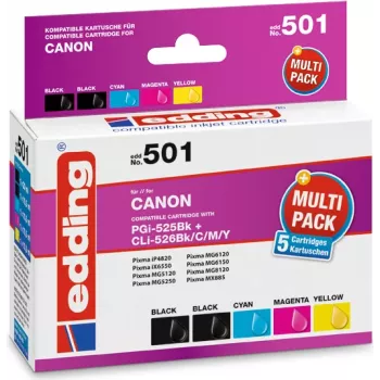 “edding” spausdintuvo kasetės EDD-501 2x juoda, žydra, purpurinė, geltona, suderinamos su “Canon PGI-525 BK”