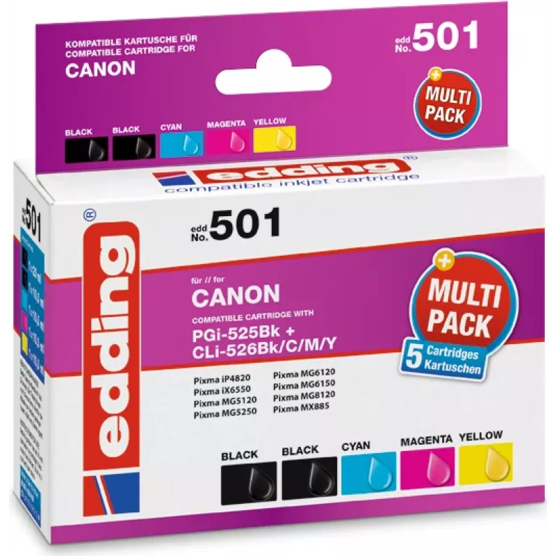 “edding” spausdintuvo kasetės EDD-501 2x juoda, žydra, purpurinė, geltona, suderinamos su “Canon PGI-525 BK”