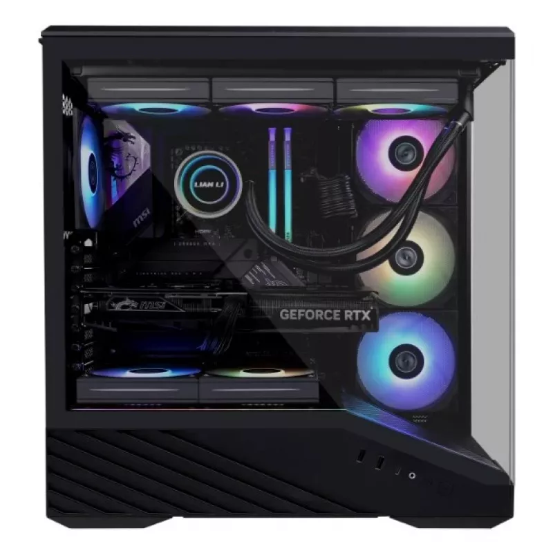 Kompiuterio korpusas Lian Li Vector V100 Midi Tower — juodas su permatomu skydeliu, palaiko 3×120 mm šoninius + 1×120 mm galinį ventiliatorius, 3,5 colio HDD, 2,5 colio SSD, 235,5×446×484,6 mm