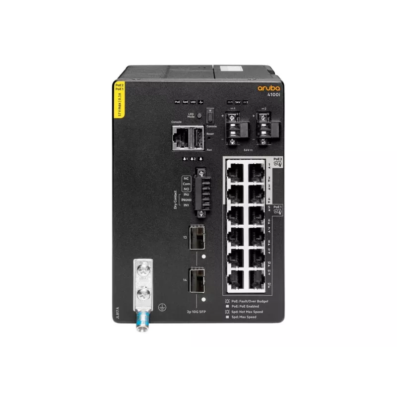 Hewlett Packard Enterprise HPE Aruba 4100i - jungiklis - 8 x 10/100/1000 (PoE 4 klasė) + 4 x 10/100/1000 (PoE 6 klasė) + 2 x SFP+ - montuojamas ant DIN bėgio - PoE 4 klasė / PoE 6 klasė