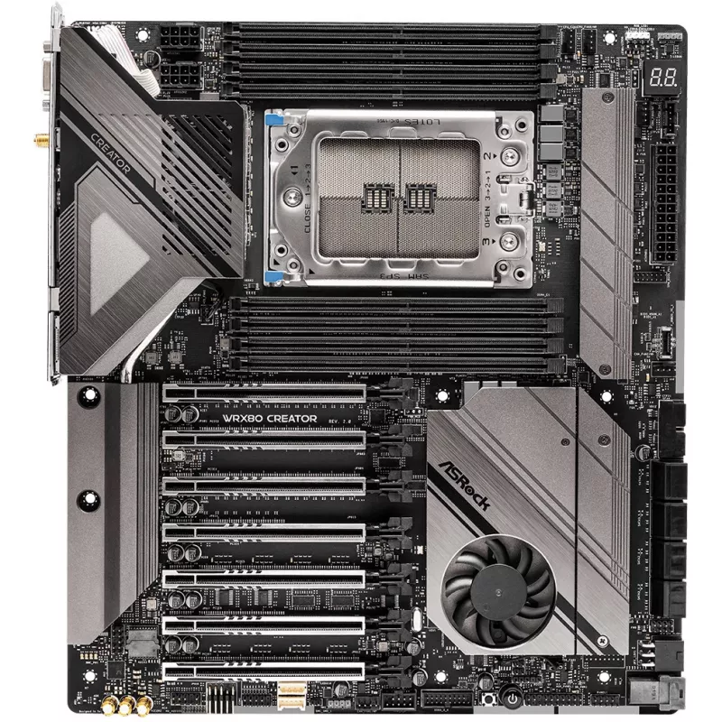 Pagrindinė plokštė ASRock WRX80 CREATOR R2.0 — AMD WRX80, lizdas sWRX8, E-ATX, 8× DIMM DDR4, iki 2 TB, Wi‑Fi 6E, 10Gb LAN, 7.1 garsas
