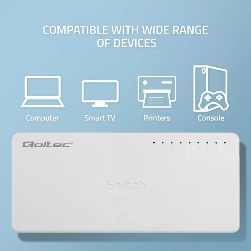 Qoltec tinklo jungiklis 8xRJ45 prievadų 1000Mbps LAN