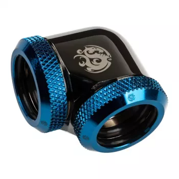 Bitspower adapteris 90° 16mm išorinis skersmuo į 16mm išorinio skersmens standų vamzdelį, juodas blizgus/mėlynas
