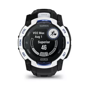 Išmanusis laikrodis GARMIN Instinct 3.05 cm (1.2 colio) AMOLED 45 mm 390x390 px jutiklinis ekranas Juoda Balta GPS 4 GB 53 g Silikoninis dirželis