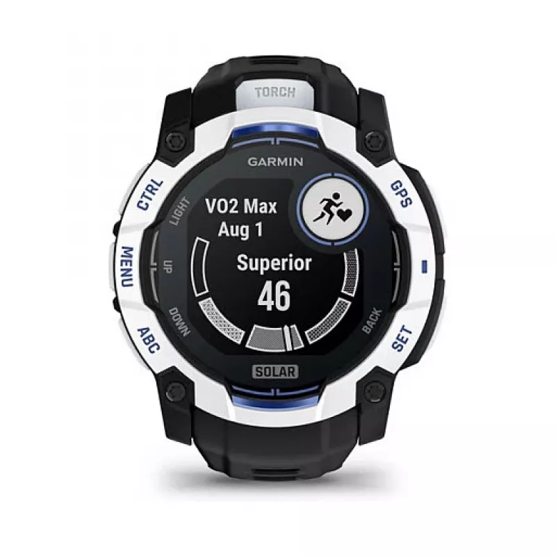Išmanusis laikrodis GARMIN Instinct 3.05 cm (1.2 colio) AMOLED 45 mm 390x390 px jutiklinis ekranas Juoda Balta GPS 4 GB 53 g Silikoninis dirželis