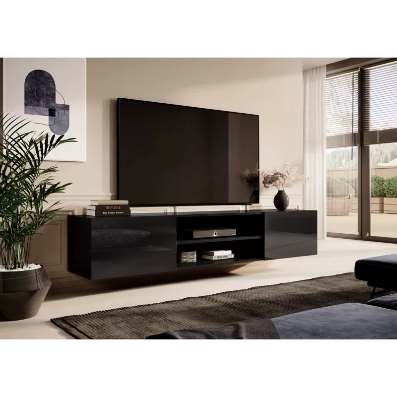 TV spintelė Cama Meble SLIDE 200K — 200x40x37 cm, blizgiai juoda, medžio drožlių plokštės viršus