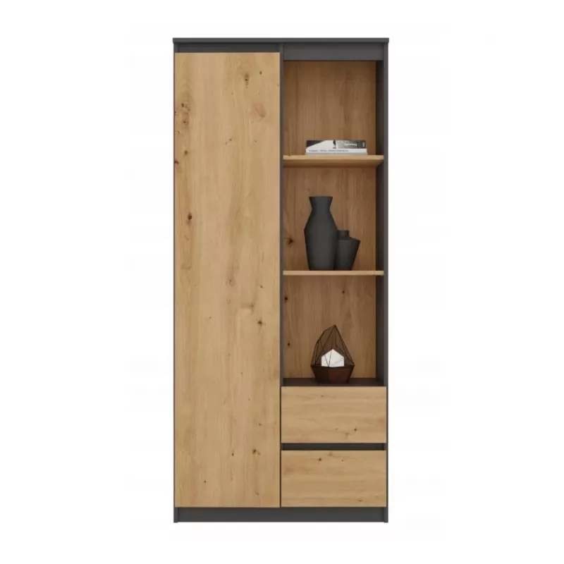 Top e Shop RS-80 BILY biuro knygų spinta, antracito rėmas, artisan ąžuolo durys, 7 lentynos, 2 stalčiai, 1800×800×350 mm