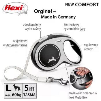 Flexi nauja COMFORT 8 m juodas, pilkas šunų ištraukiamas pavadėlis