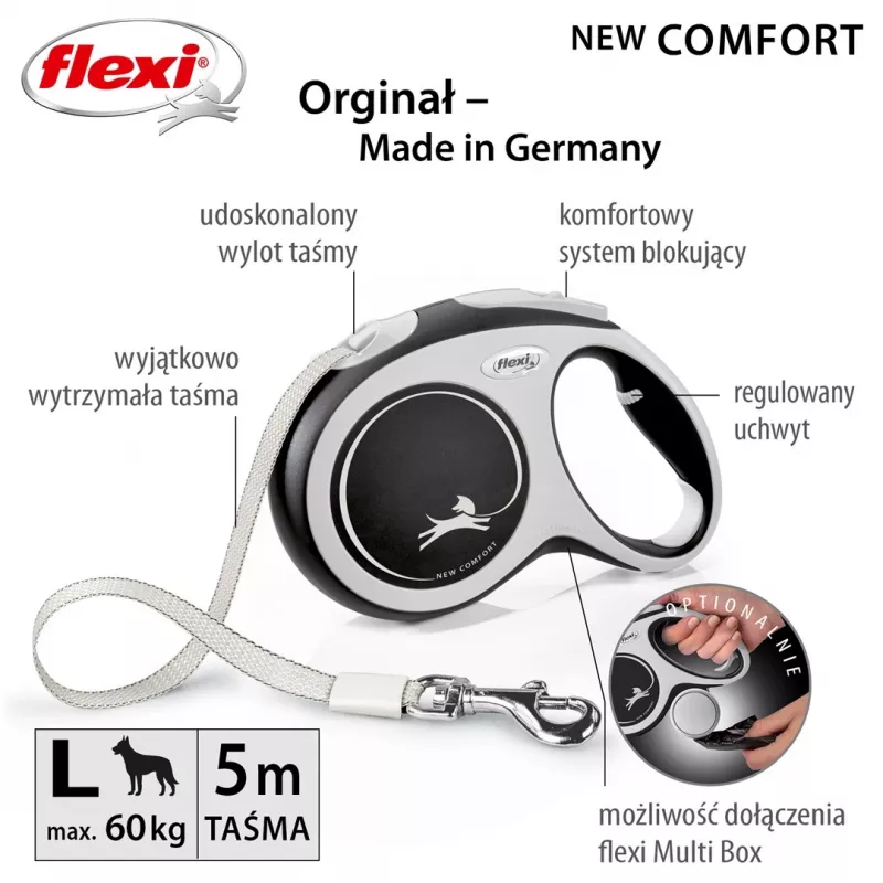Flexi nauja COMFORT 8 m juodas, pilkas šunų ištraukiamas pavadėlis