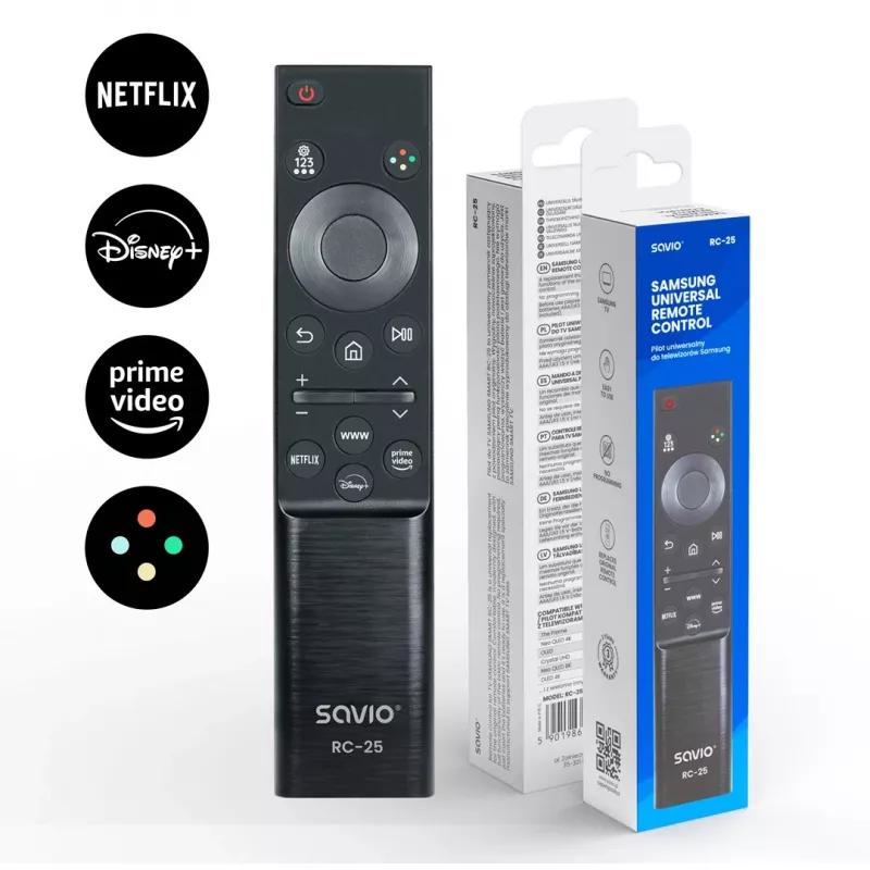 SAVIO RC-25 infraraudonųjų spindulių TV nuotolinio valdymo pultas, mygtukinis įvedimas, juodas, veikimo nuotolis iki 10 m, skirtas 1 įrenginiui, naudoja 2x AAA