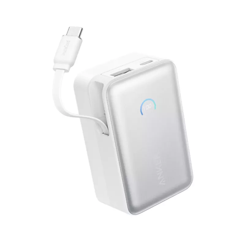 Išorinė baterija Anker A1638 10000 mAh, 45 W bendra galia, balta, įmontuotas ištraukiamas USB-C laidas