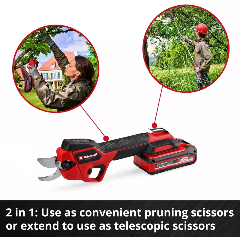 Genėjimo žirklės EINHELL GP-LS 18/28 Li T BL-Solo — belaidės teleskopinės apėjamosios genėjimo žirklės, 18 V, pjovimo geba 2,8 cm, aliuminio rankena