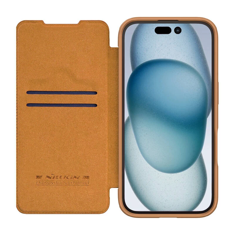 Apsauginis aplanko tipo dėklas Nillkin Qin Prop Leather, skirtas iPhone 16, rudas, su integruotu stovu