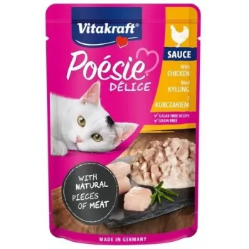 Šlapias kačių ėdalas Vitakraft Poésie Delice su vištiena, 85 g pakelis, suaugusioms katėms, 84 % drėgmės, 8 % baltymų