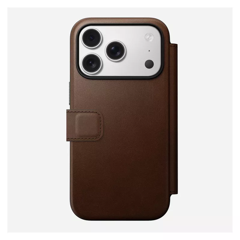Odinis aplanko tipo telefono dėklas Nomad Modern Leather Folio, skirtas iPhone 17 Pro — rudas, tinka 6,3 colio (16 cm) ekranui, 4 kortelių kišenės