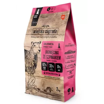 Sausas šuniukų maistas wiejskazagroda Feed Lamb with Spinach — 2 kg, be grūdų, 32% baltymų, 21% riebalų mažoms veislėms (2–4,9 kg)