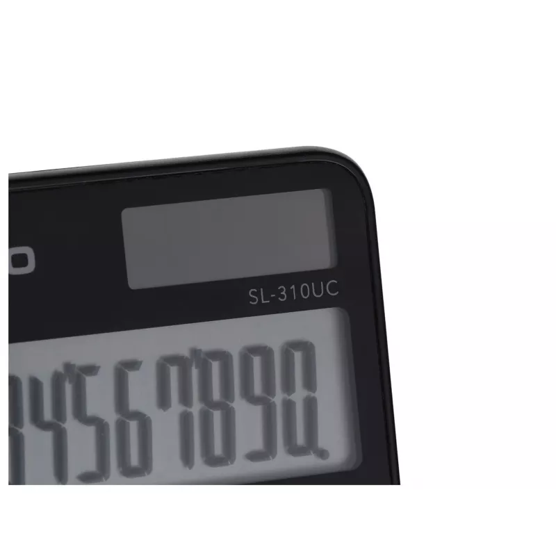 Pagrindinis skaičiuotuvas CASIO SL-310UC-BK — 10 skaitmenų, baterija/saulės energija, mokesčių ir pelno funkcijos, kišeninis dydis (70×118×8,4 mm), juodas