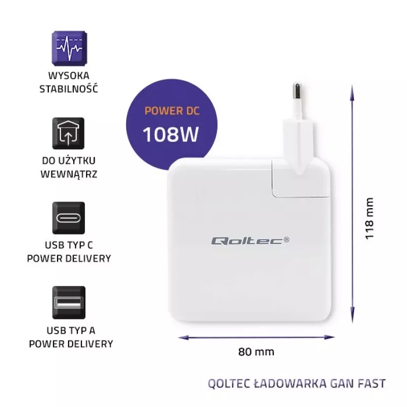 Qoltec GaN Charger FAST 108W | 5-20V | 3-4.7A | USB C | Balta