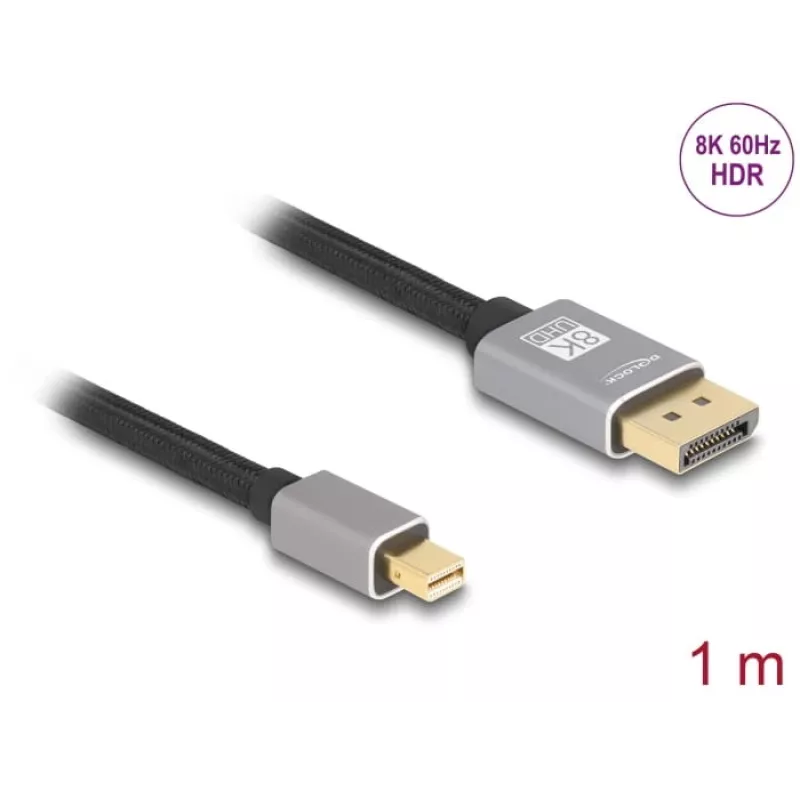 DeLOCK Mini DisplayPort į DisplayPort kabelis 8K 60 Hz 1 m pilkas metalinis be skląsčio