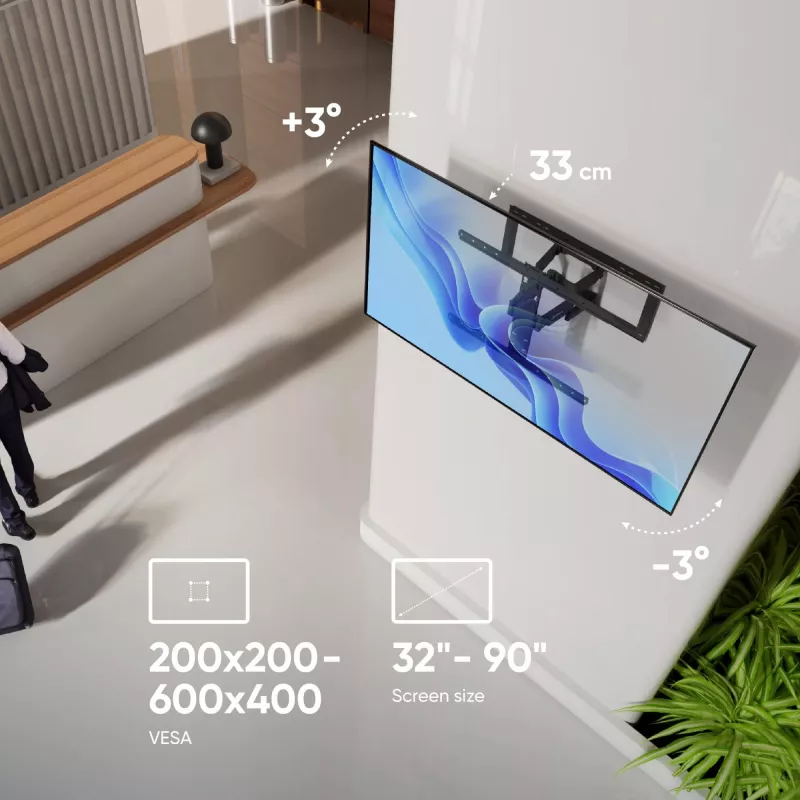 TV grindų stovas ONKRON SM6-B 32 colių–90 colių ekranams, 50 kg talpa, VESA 200x200–600x400, pasvirimas -10–5°, pasukimas 40°