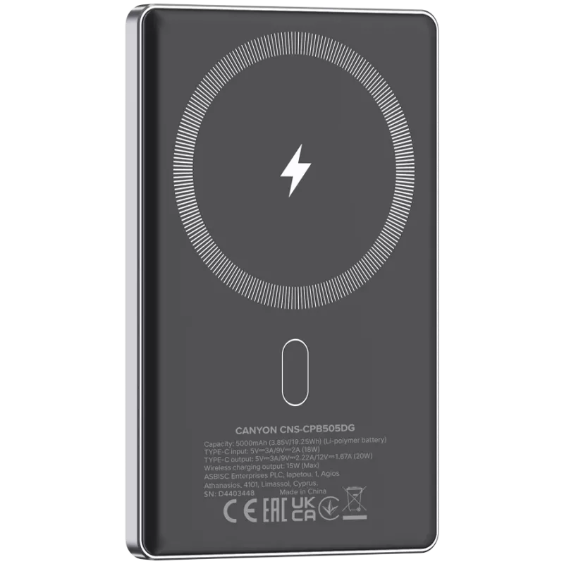 Canyon OnPower 505 - Powerbank - 5.000 mAh - į USB-C - iš USB-C PD 20W + belaidis magnetinis 1