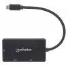 Manhattan USB-C dokas / stotelė, prievadai (x3): DVI-I, HDMI ir VGA, Pastaba: vienu metu galima naudoti tik vieną prievadą, nereikia išorinio maitinimo šaltinio, universalus visiems įrenginiams, laidas 10 cm, juodas, trejų metų garantija