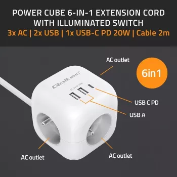 Maitinimo kubas QOLTEC 52547 – maitinimo šakotuvas su 3× AC lizdais, 2× USB-A, 1× USB-C PD 20W
