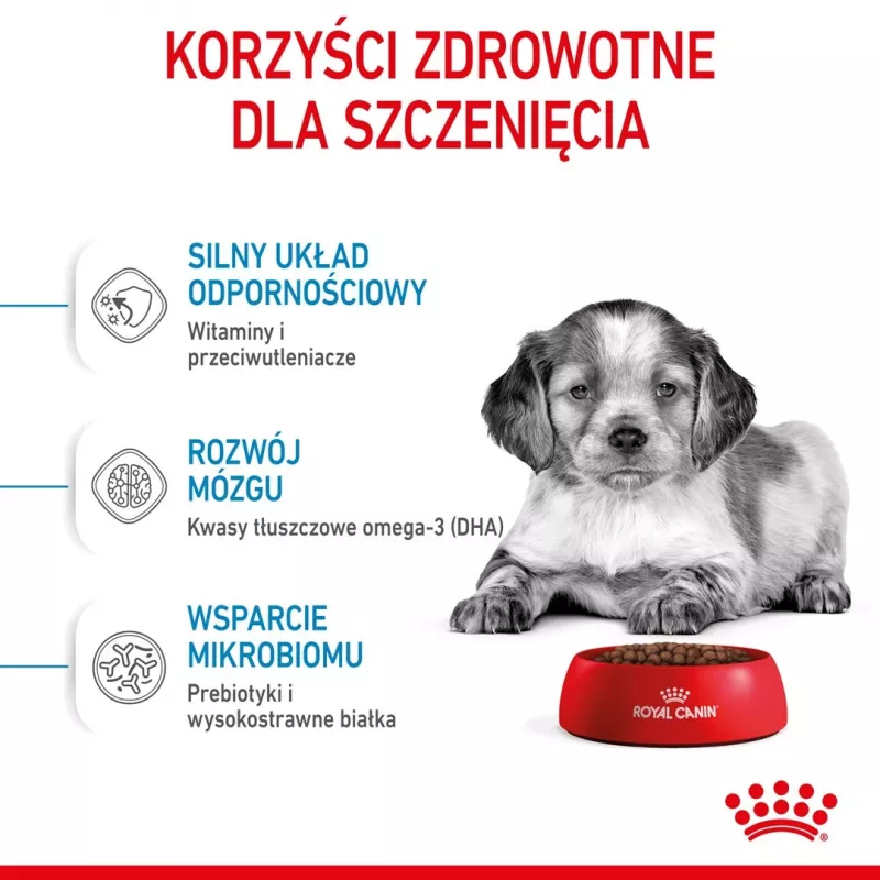 Sausas šunų maistas Royal Canin Medium Puppy 4 kg – vidutinių veislių 10–25 kg šuniukams, baltymų 32%, riebalų 20%, vištiena