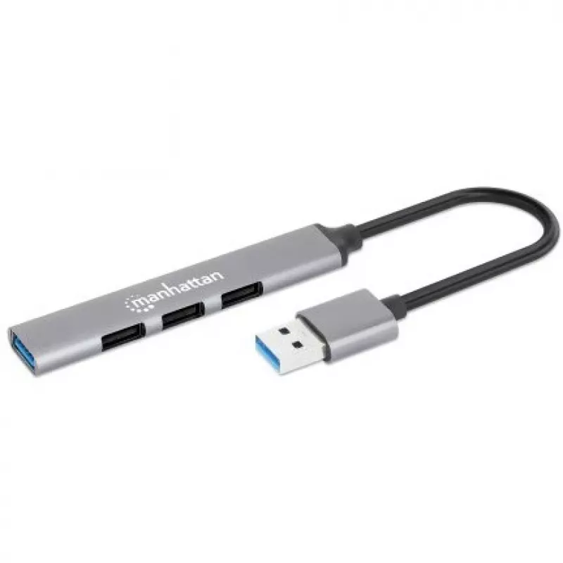 Manhattan USB-A 4 prievadų šakotuvas, 4x USB-A prievadai (1x 5 Gbps USB 3.2 Gen1 aka USB 3.0, 3 x 480 Mbps USB 2.0), maitinamas per USB (nereikia išorinio maitinimo šaltinio), aliuminis