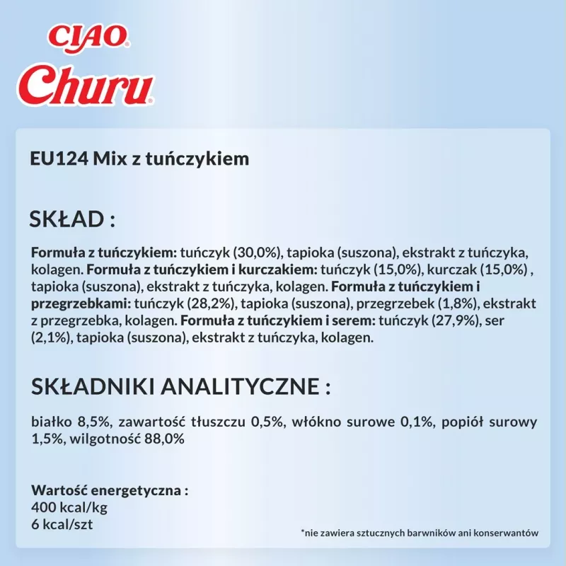Šlapi kačių skanėstai INABA Churu Variety Box — Tunas, 20 x 14 g paketėliai, pasta, drėgnis 88%, baltymai 8,5%