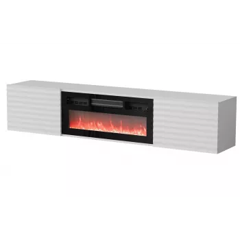 TV spintelė Cama Meble TULA su elektriniu židiniu, 1830×350×370 mm, baltas matinis viršus ir rėmas