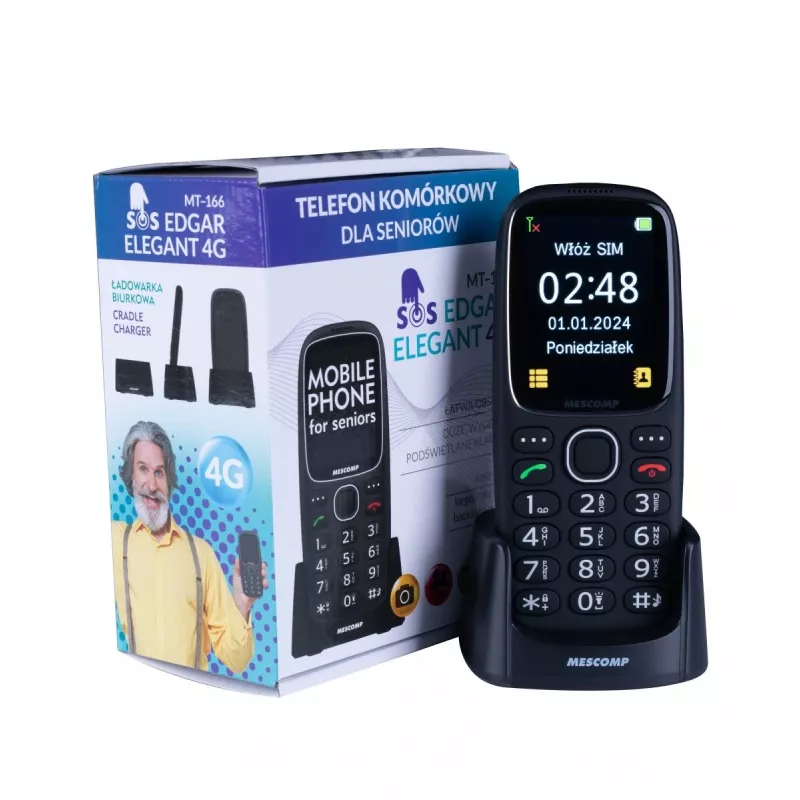 Mobilusis telefonas Mescomp MT-166 Edgar, Elegant, senjorams, 4G, juodas