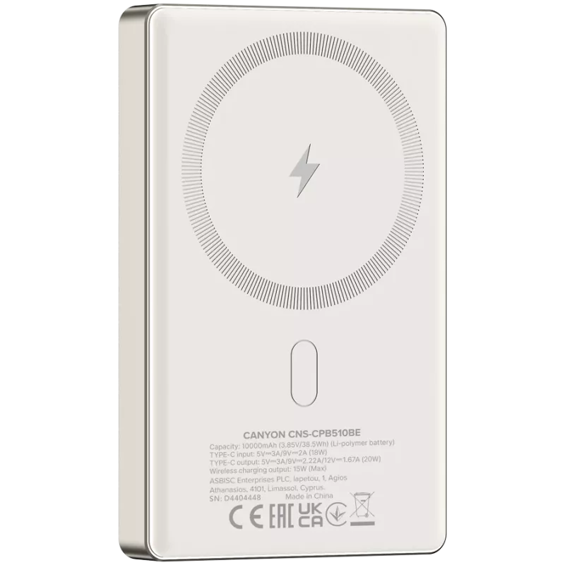 Canyon OnCharge 510 - Powerbank - 10.000 mAh - į USB-C - iš USB-C PD 20W + belaidis magnetinis