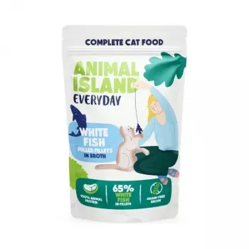 Šlapias kačių maistas animal island Everyday Kalakutienos ir baltos žuvies filė sultinyje 4×85 g pakeliai (4×85 g)