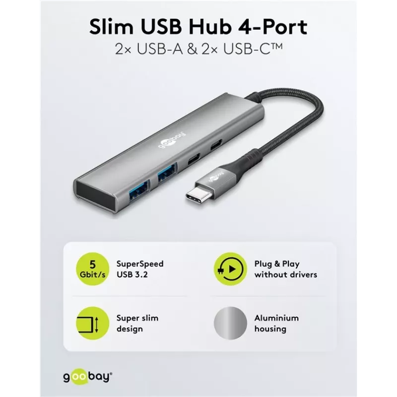 Goobay plonas 4-Port USB-Hub USB-C į/USB-A 5 Gbit/s - -Plug USB 3.2> (76563)