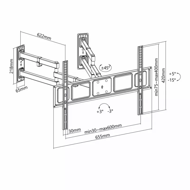 Sieninis televizoriaus laikiklis ART AR-85 32–70 colių televizoriams, iki 45 kg, pasvirimas -15–5°, pasukimas 45°, ištiesimas 118–622 mm, VESA 75x75–600x400