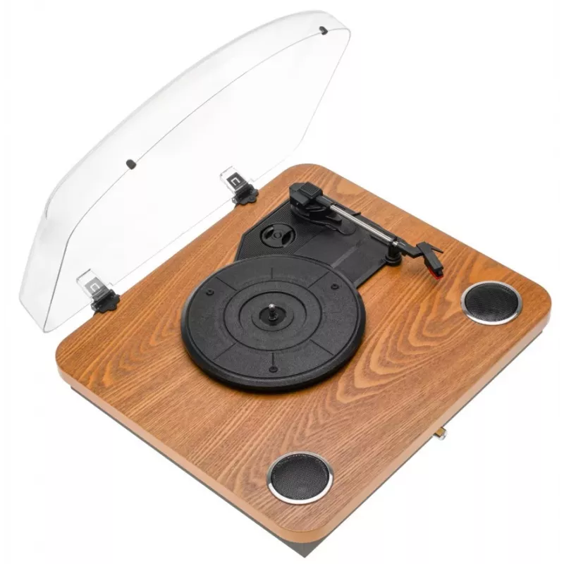 Analoginis diržinio paleidimo patefonas Adler AD 1914 su USB prievadu, keraminiu plokštelių padėklu, nuolatinės srovės varikliu, 33 1/3 aps./min., Bluetooth 5.4, RCA išėjimais, įmontuotais garsiakalbiais