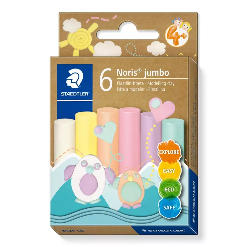 Modeliavimo molis Staedtler Noris Jumbo Pastel 842P C6 — minkštas, lengvai formuojamas, įvairių pastelinių spalvų