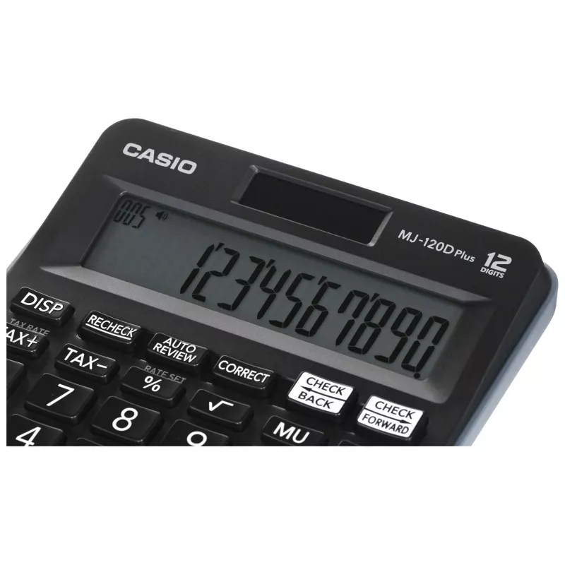 Stalinis skaičiuotuvas CASIO MJ-120D PLUS — pagrindinis 12 skaitmenų, baterija/saulės energija, 35 klavišai, mokesčių ir kvadratinė šaknis, juodas