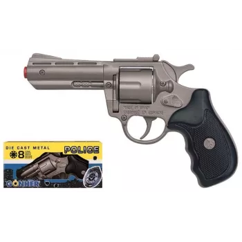 Žaislinis metalinis revolveris Pulio Police 33/0 (modelis 15533) — metalinė konstrukcija, šaudantis žaisliniais sviedinukais