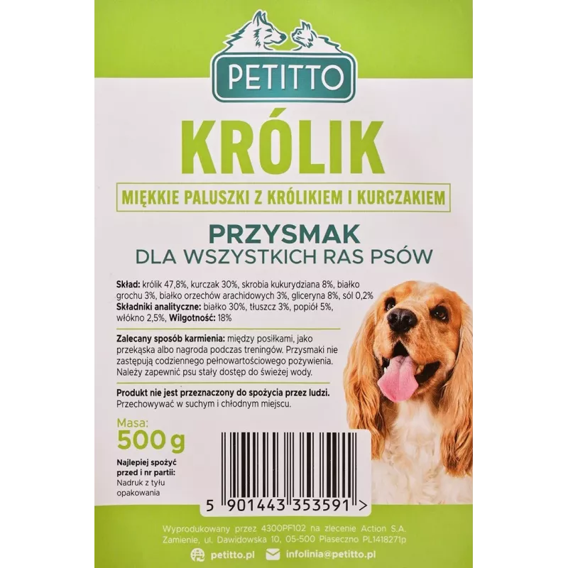 Šunų skanėstai PETITTO minkšti triušio piršteliai — triušio skonio minkštos kramtomos lazdelės šunims, 500 g, dresūros skanėstas, suaugusiems, be sojos, be glitimo
