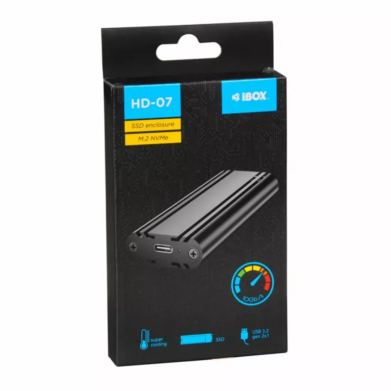 SSD korpusas IBOX HD-07, skirtas 1x M.2 diskui, USB 3.2 Gen 2 (10 Gbit/s), USB-C, juodas