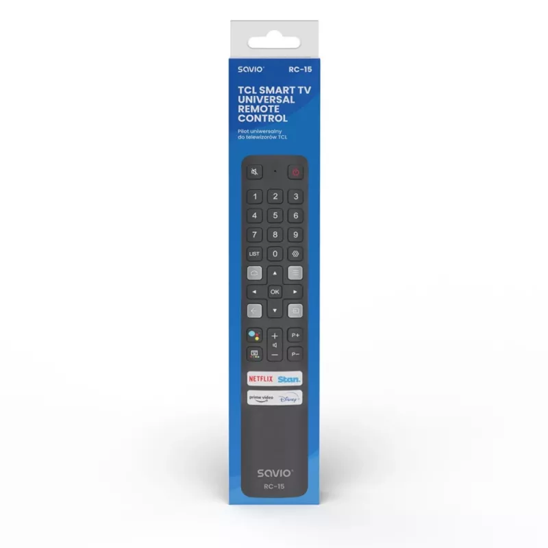SAVIO universalus televizoriaus nuotolinio valdymo pultas RC-15, skirtas TCL SMART TV, IR belaidis, juodas, veikimo nuotolis 10 m