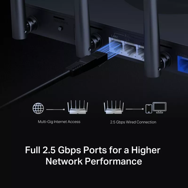 Stalinis maršrutizatorius MERCUSYS MR47BE — Trijų juostų „Wi‑Fi 7“ (2,4/5/6 GHz), 9300 Mbps, 3× RJ‑45, 2,5 GbE, 6 išorinės antenos