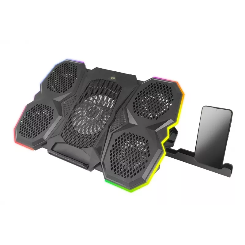 Nešiojamojo kompiuterio aušinimo padėklas ESPERANZA EGC107 — 3 ventiliatoriai 1200–2600 RPM, 390×255×38 mm, USB PD, RGB, 5 aukščio pozicijos, juodas